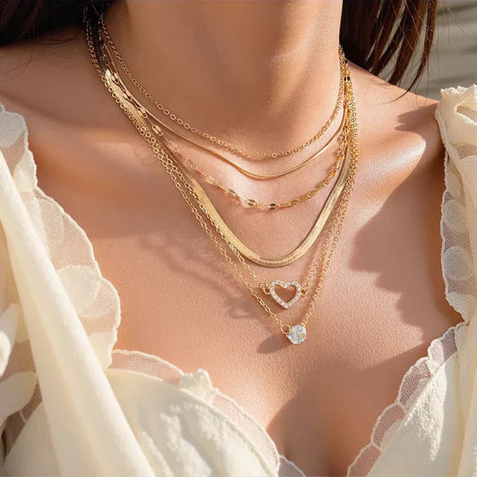 Woman wearing layered gold necklaces and earrings — jewelry styling tips by PURMINA