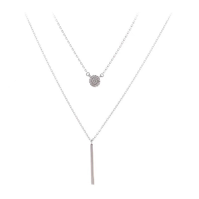 S925 Silver Double Layer Necklace – Long Bar & Zircon Pendant