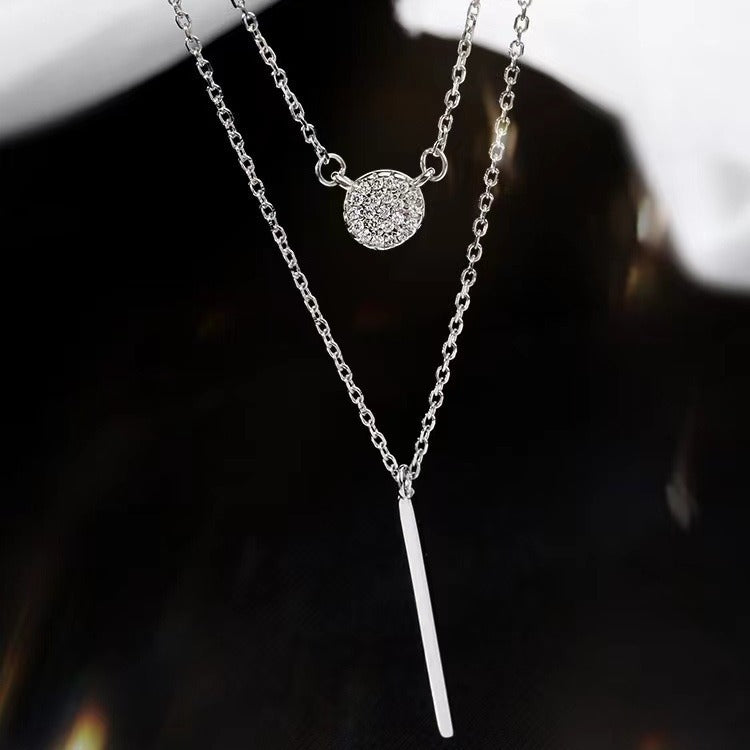S925 Silver Double Layer Necklace – Long Bar & Zircon Pendant