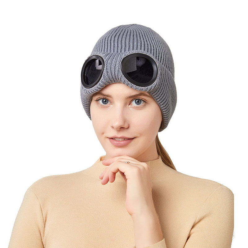 Windproof Knitted Ski Hat with Goggles