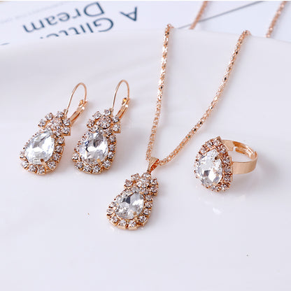 Elegant Water Drop Rhinestone Jewelry Set – Necklace, Earrings & Ring for Women