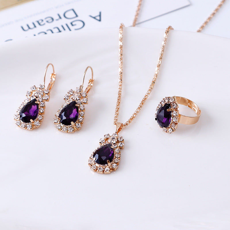 Elegant Water Drop Rhinestone Jewelry Set – Necklace, Earrings & Ring for Women