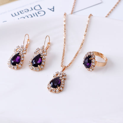 Elegant Water Drop Rhinestone Jewelry Set – Necklace, Earrings & Ring for Women