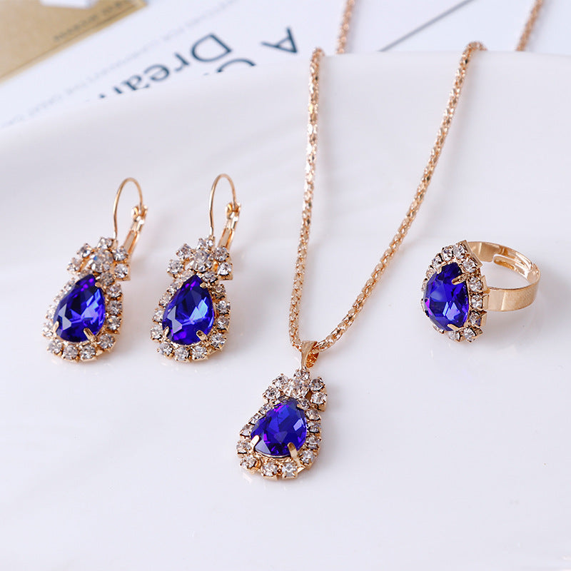 Elegant Water Drop Rhinestone Jewelry Set – Necklace, Earrings & Ring for Women