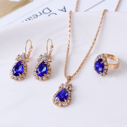 Elegant Water Drop Rhinestone Jewelry Set – Necklace, Earrings & Ring for Women