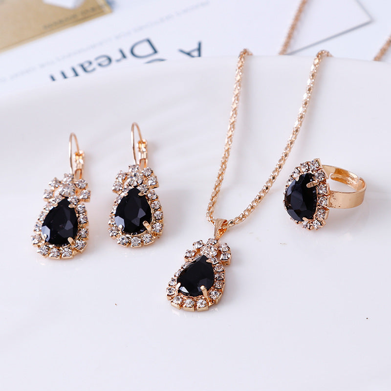 Elegant Water Drop Rhinestone Jewelry Set – Necklace, Earrings & Ring for Women