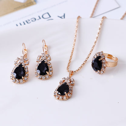 Elegant Water Drop Rhinestone Jewelry Set – Necklace, Earrings & Ring for Women
