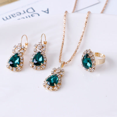 Elegant Water Drop Rhinestone Jewelry Set – Necklace, Earrings & Ring for Women