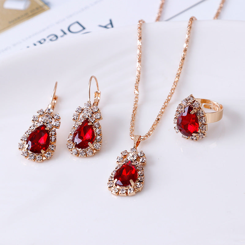 Elegant Water Drop Rhinestone Jewelry Set – Necklace, Earrings & Ring for Women
