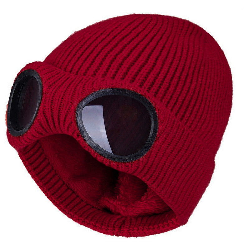 Windproof Knitted Ski Hat with Goggles