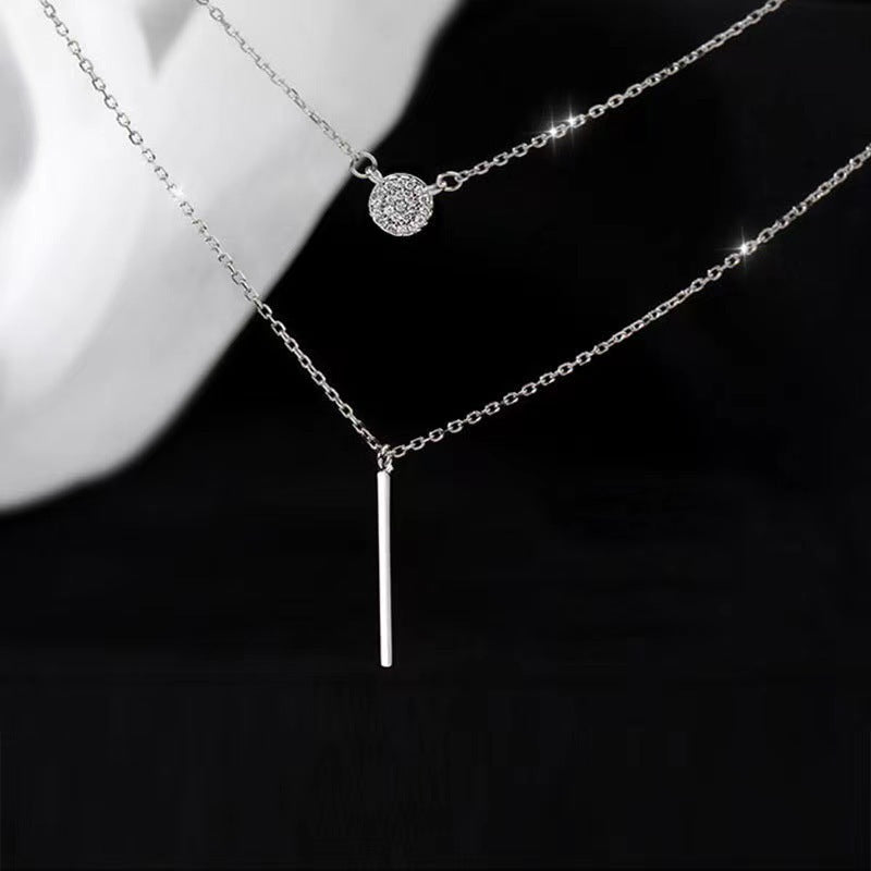 S925 Silver Double Layer Necklace – Long Bar & Zircon Pendant