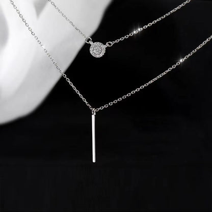 S925 Silver Double Layer Necklace – Long Bar & Zircon Pendant