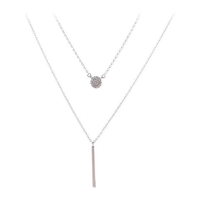 S925 Silver Double Layer Necklace – Long Bar & Zircon Pendant