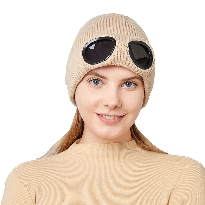 Windproof Knitted Ski Hat with Goggles