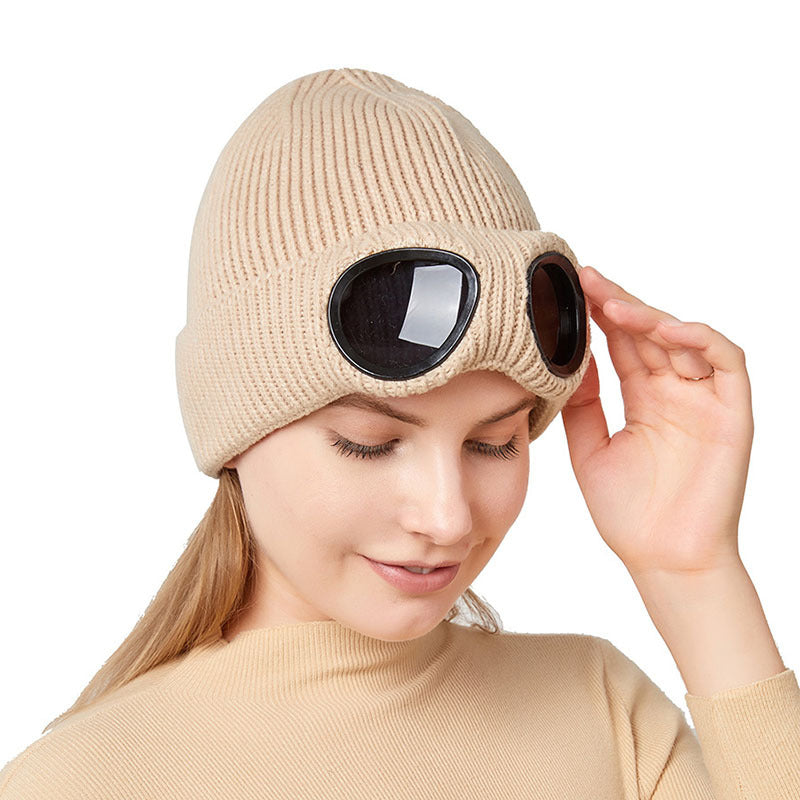 Windproof Knitted Ski Hat with Goggles