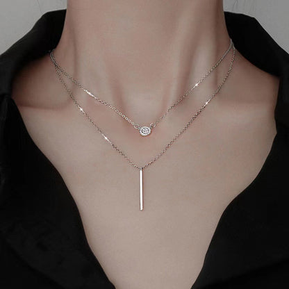 S925 Silver Double Layer Necklace – Long Bar & Zircon Pendant