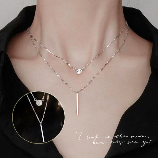 S925 Silver Double Layer Necklace – Long Bar & Zircon Pendant