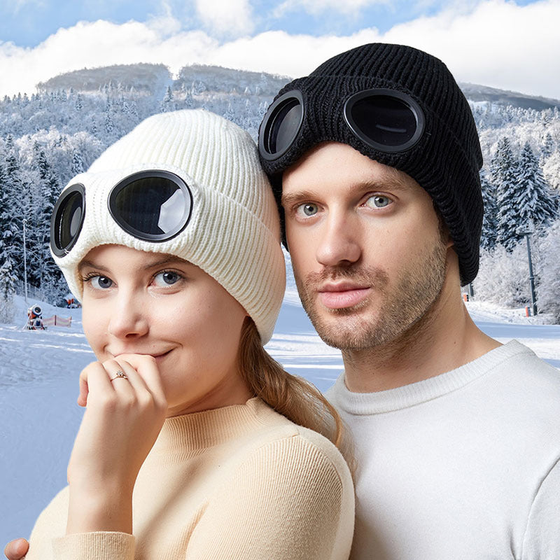 Windproof Knitted Ski Hat with Goggles