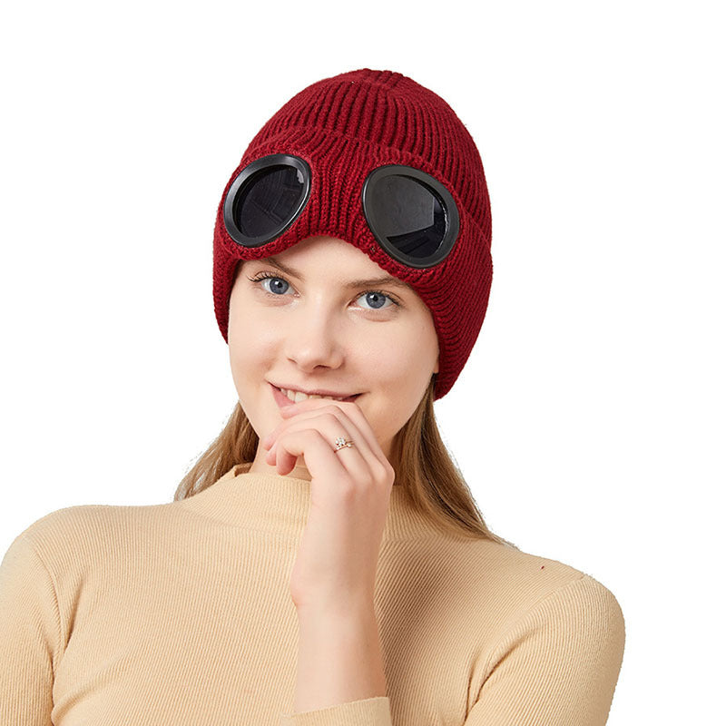 Windproof Knitted Ski Hat with Goggles