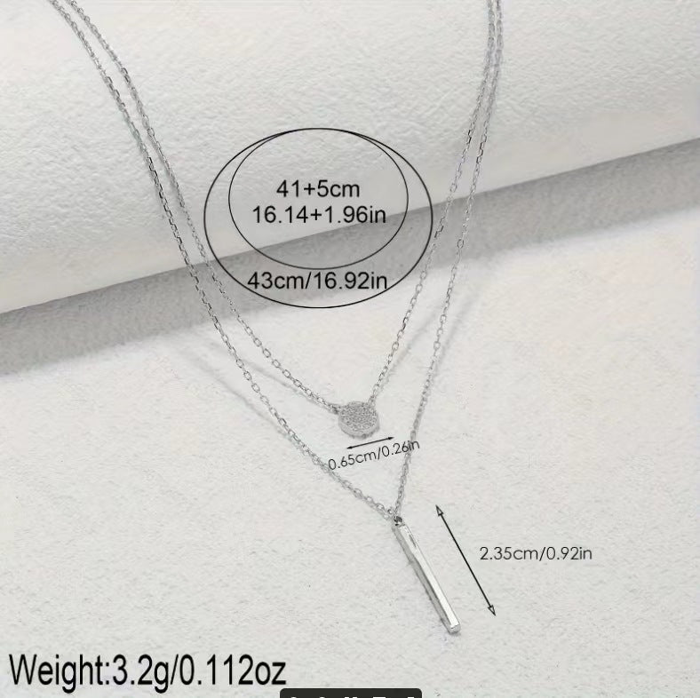 S925 Silver Double Layer Necklace – Long Bar & Zircon Pendant