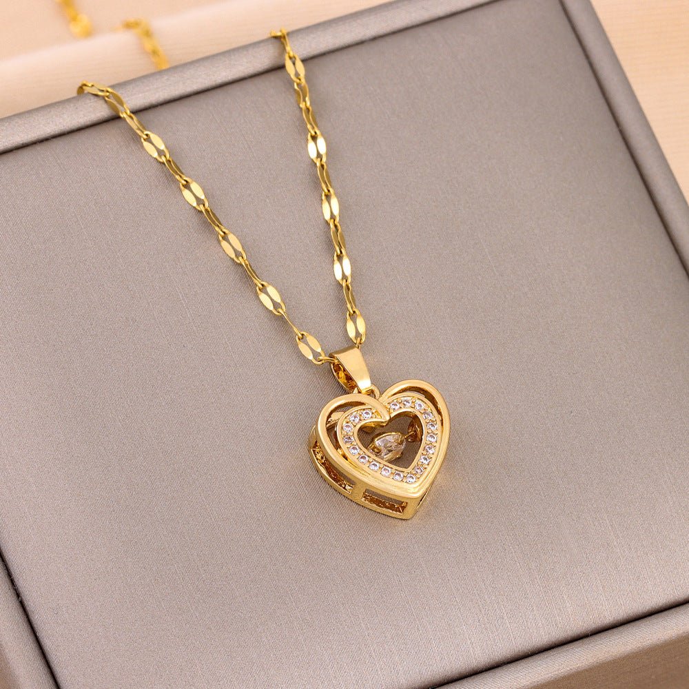 Double Heart Necklace for Women – Rhinestone Titanium Steel Pendant, A Timeless Love Gift - Purmina