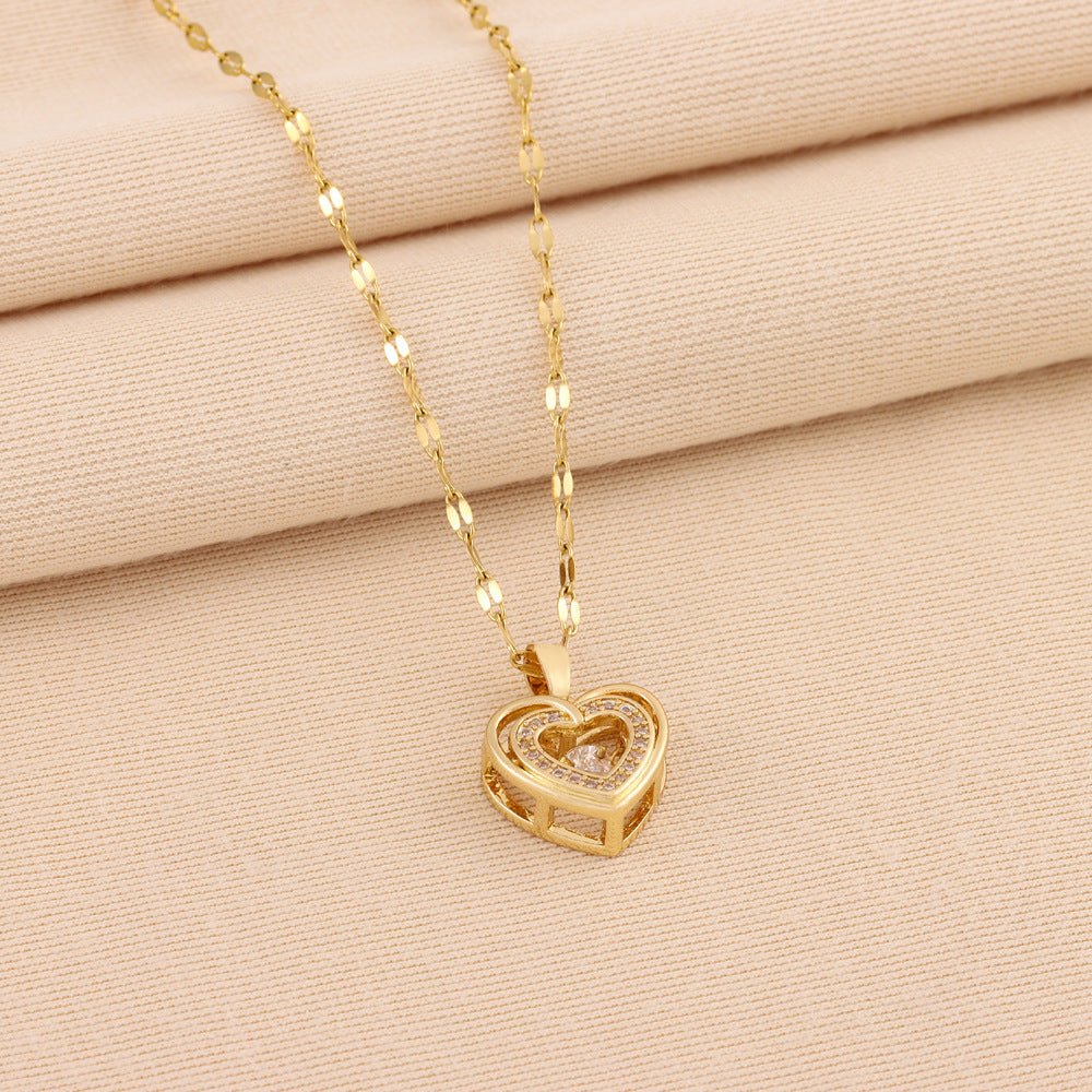 Double Heart Necklace for Women – Rhinestone Titanium Steel Pendant, A Timeless Love Gift - Purmina