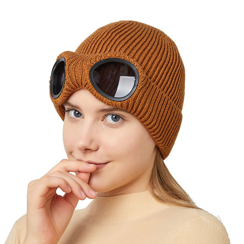 Windproof Knitted Ski Hat with Goggles