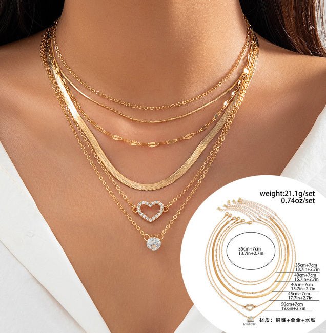 Layered Gold Necklace with Heart & Crystal Pendants - Purmina